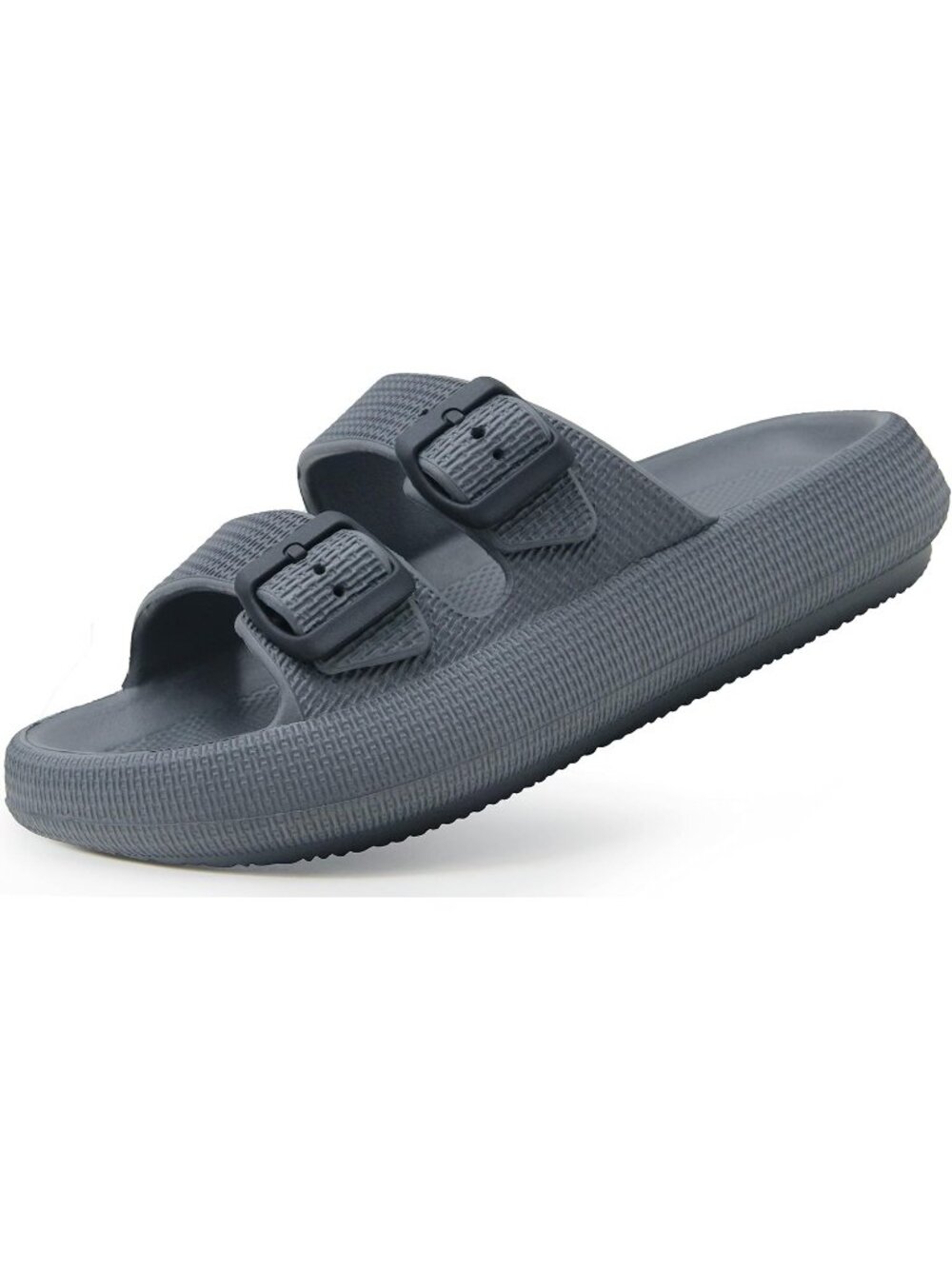 Women's Grey Pillow Adjustable Width Design Double Buckle Flat Slides Slippers